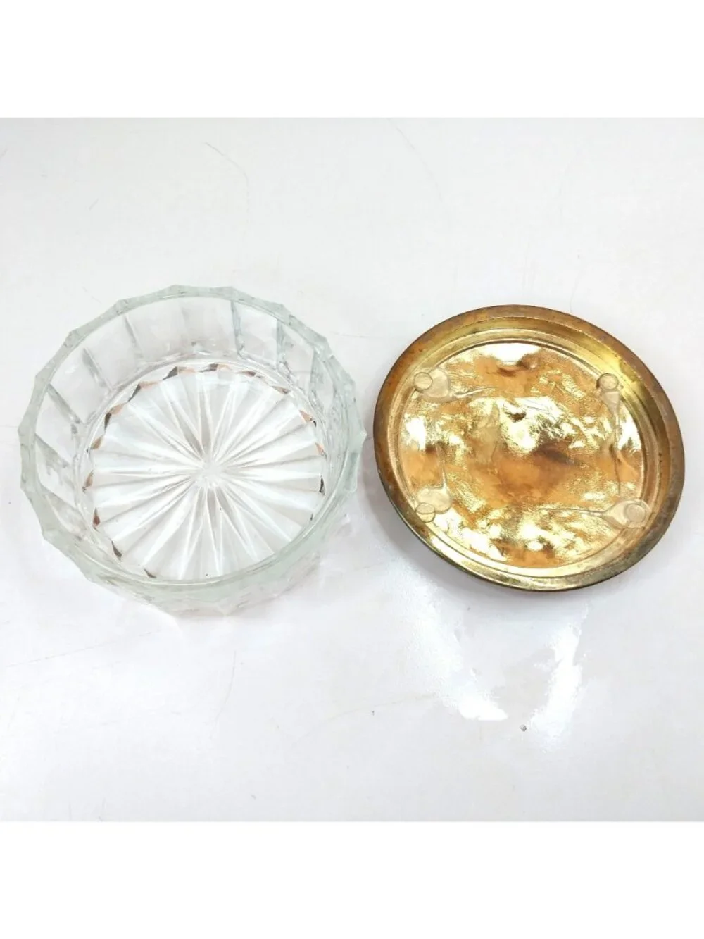 Vintage Glass Powder Jar With Ornate Brass Lid Trinket Box Vanity Storage